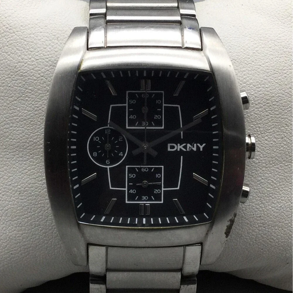 DKNY Mens Watch 38mm Black Dial Stainless Chronograph NY1234 New Battery 7.75